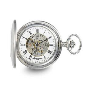 Charles Hubert Stainless Striped Case w/Shield Skeleton Pocket Watch